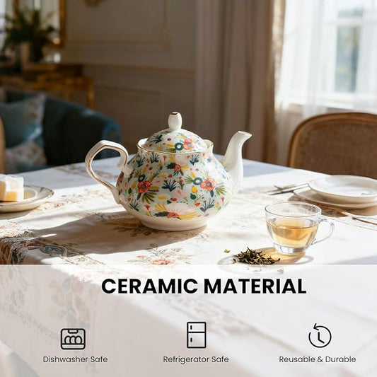 33.8 oz Porcelain Tea Pot Luxury Gold Trim Floral Ceramic Teapot Waterpot Tea Maker for Blooming Loose Leaf Tea Coffee Milk Chrismas Women Gift Housewarming Home Kitchen Décor (Mint)