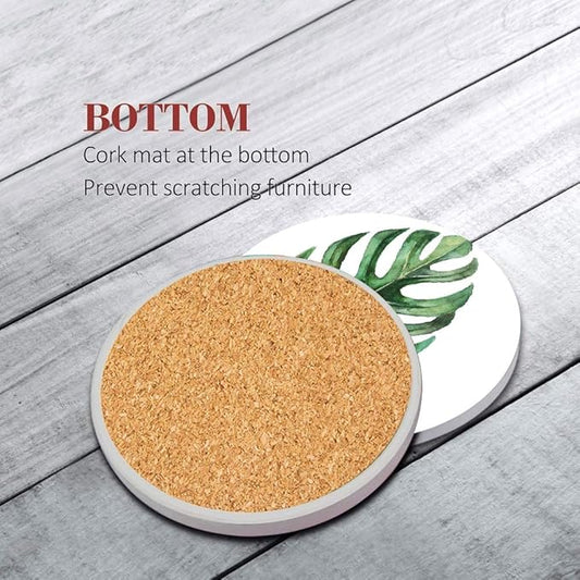 Britimes Set of 6 Coasters for Drinks Absorbent Green Leaves with Cork Base, Metal Holder, Round Stone Drink Mat for Coffee Wood Table, Gift for Birthday, Farmhouse Housewarming Room Bar Decor