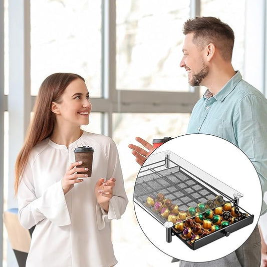 Clear Glass Coffee Pods Storage Drawer Organiser Large Capacity Espresso Pods Holder Stand with Metal Frame
