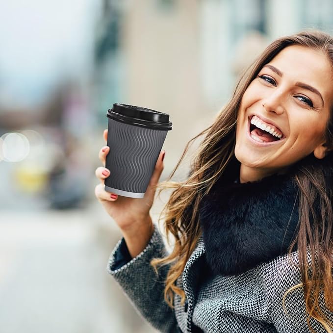 Clawsoff 500 Pack Coffee Cups with Lids 12oz, Disposable Insulated Ripple Wall To Go Paper Coffee Cups for Hot/Cold Drinks Office Home Shop Event (Grey)