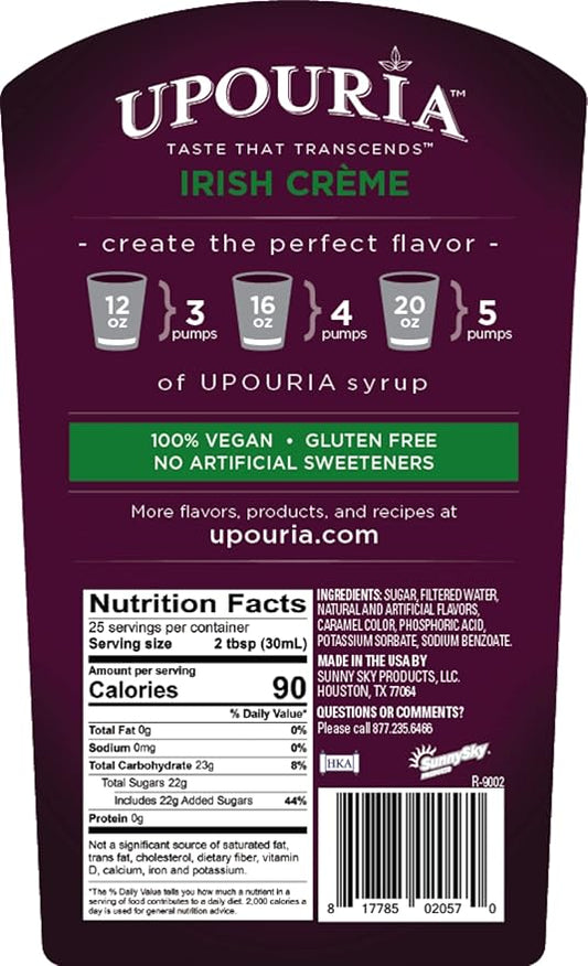 Upouria Irish Crème Coffee Syrup Flavoring, 100% Vegan, Gluten Free, Kosher, 750 mL Bottle - Coffee Syrup Pump Included