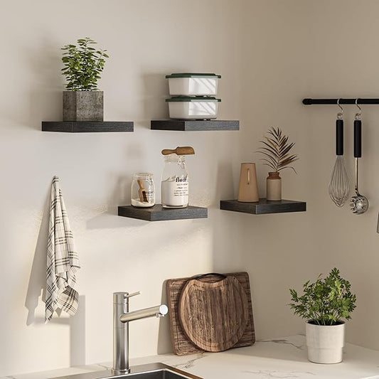Square Floating Shelves for Wall, 10" W x 10" D x 1.4" H, Small Wooden Wall Mounted Display Shelves with Invisible Brackets for Living Room, Bedroom, Bathroom, Kitchen Decor, Set of 4, Black