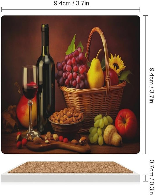Square-6PCS Red Wine Drink Coasters, Square Modern Ceramic Absorbent Coasters, Retro Red Wine Bottle and Grapes Fruit Basket Pattern Decor Desk Coffee Table Coaster for Beverage Cup Tea Coasters