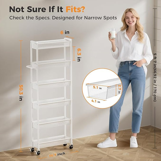 6 Tier Slim Storage Cart with Wheels, 6" D Rolling Storage Cart for Small Space, Metal Narrow Spice Cabinet Mobile Shelving Unit Organizer with Handle for Kitchen, Laundry - White