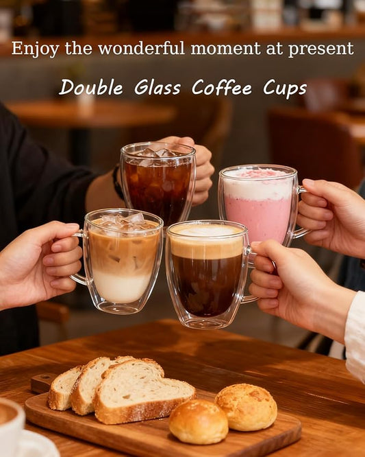 Glass Coffee Cups Set Of 2-12oz Double Walled Glass Coffee Mugs with Handle,Clear Insulated Borosilicate Glass Mug,Suitable for Cappuccino,Tea,Latte,Hot Beverage and Wine (2 pack 12oz)