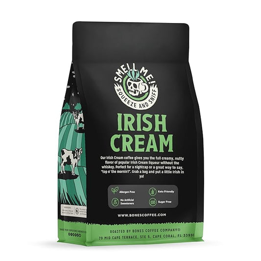 Bones Coffee Company Irish Cream, Creamy Liqueur Flavored Coffee, Medium Roast Low Acid Arabica Beans Compatible with Auto drip and French Press Coffee Maker, 12 Oz Whole Bean