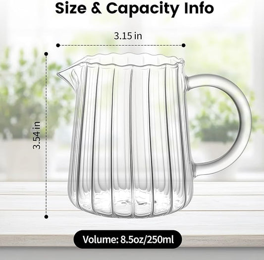 2 Pack 8.5 Ounces Glass Pitcher Small Pitcher Milk Frother Cup Mini Creamer Container Tea Serving Carafe Heat Resistant Breast Milk Pitchers for Coffee Bar Kitchen Essentials