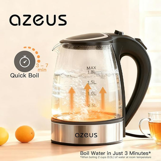 AZEUS Glass Electric Kettle - 1.8L Fast Boiling Auto-Shutoff & Anti-Dry Heat Safety Kettle for Home/Office, Borosilicate Glass with LED Indicator (white)