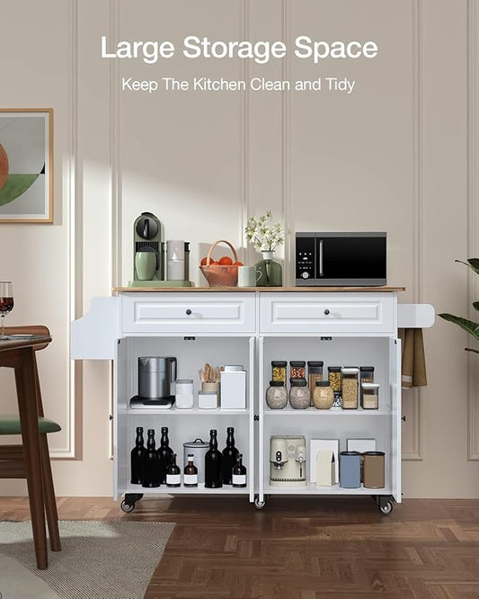 Kitchen Island on Wheels Kitchen Cart with Rubber Wood Top, Mobile Kitchen Island with Double Storage Cabinet and Drawers, Island Table for Kitchen (White)
