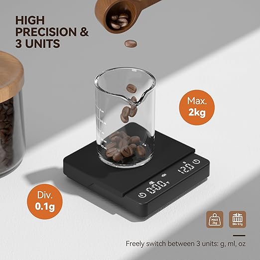 Mini Coffee Scale with Auto Timing, Espresso Scale with Timer, 2kg/0.1g High Precision Scale for Coffee Beans, Black, Rechargeable