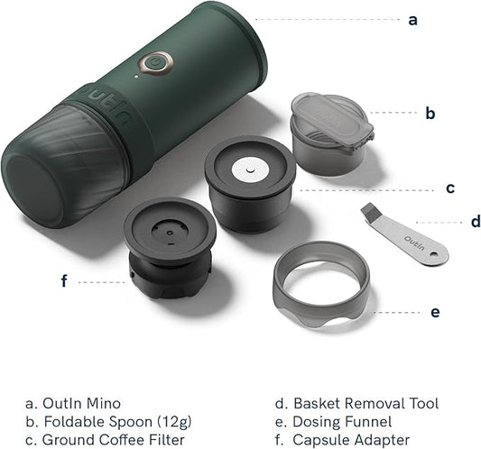 OutIn Mino Portable Electric Espresso Machine, Mini Camping Coffee Maker for Travel, Pocket Sized Coffee Machine Self-Heating, Ground Coffee & NS Capsule Adapter For Adventure