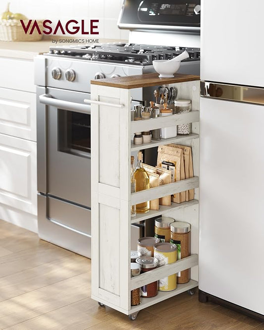 VASAGLE 4-Tier Slide-Out Storage Cart, Slim Kitchen Cart for Small Spaces, with Wheels, Handle, Bathroom, Laundry Room, 7.9 x 17 x 34.1 Inches, Rustic White and Honey Brown ULRC051K01
