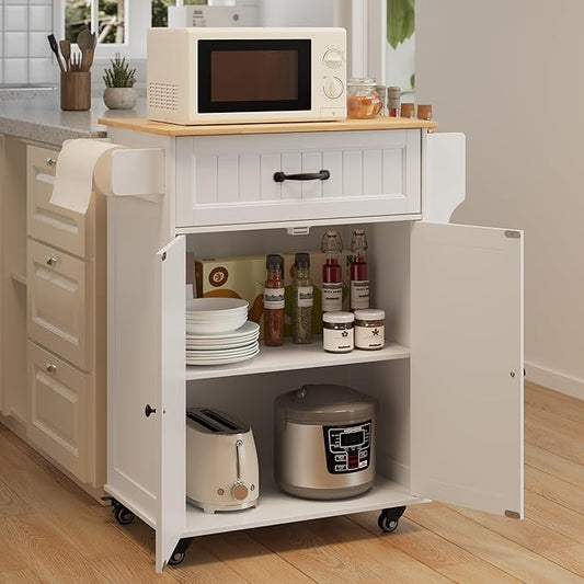 Gizoon Kitchen Island Cart with Adjustable Shelf, 33" W Mobile Trolley Cart on Metal Wheels with Drawer & Storage Cabinet, Spice Rack & Towel Rack, for Dining Room, Bar, White, Tabletop-Oak Color