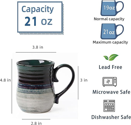 21 oz Large Ceramic Coffee Mugs, Handmade Cup with Large Handle, Big Tea and Coffee Cups for Office and Home, Microwave and Dishwasher Safe (Ink Green)