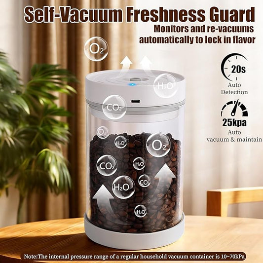 Syaws Automatic Vacuum Container,Electric Airtight Coffee Canister for 13oz Coffee Beans,1.1L Food Storage Container with Auto-Vacuum Function,Glass Jars for Flour Cereal Sugar Tea Coffee Beans Snacks