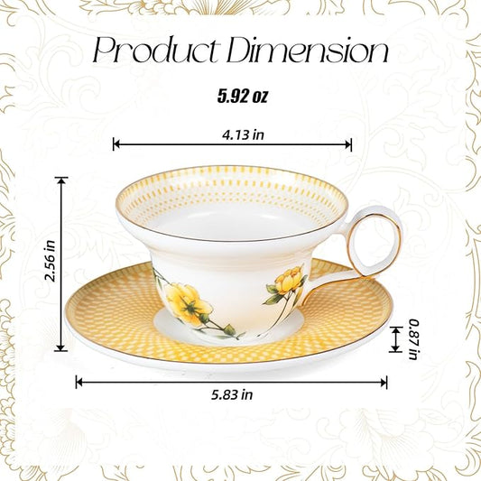 KAMMAK Ceramic Coffee Cups Saucers Set of 2, Porcelain Espresso Cups with Saucers, 5.92 oz Handmade Elegant Bone China Tea Cup, Ceramic Floral Pattern Demitasse for Latte, Americano, Cappuccino