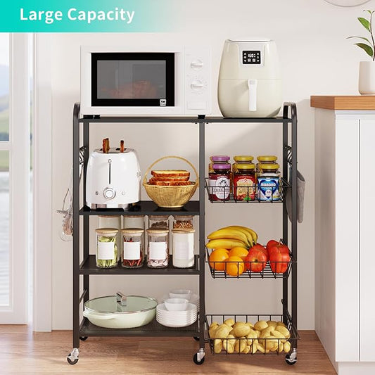 HapiRm Rolling Kitchen Microwave Cart - 4 Tier Microwave Table Stand with Pull-Out Baskets, Coffee Bar Baker's Rack with Wheels Rolling Storage Cart Organizer Shelf for Living Room Office, Balcony