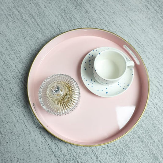 Spsyrine Round Pink Decorative Tray, 13" Plastic Serving Table Tray with Handles for Breakfast, Ottoman, Coffee Table, Bathroom, Kitchen, Living Room