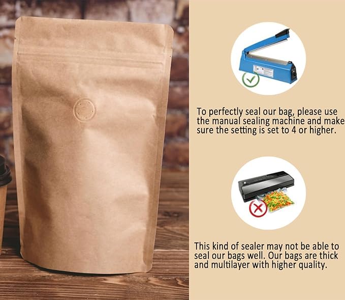 100 Pack Kraft Coffee Bags with Zipper Lock, High Barrier Resealable Stand Up Coffee Pouches, Degassing Valve for Coffee, Size for 16oz/500 Grams Beans or Grounded