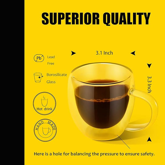 PunPun 8.5oz/250ml Espresso Cups, Double Wall Insulated Glass Cups, Set of 2