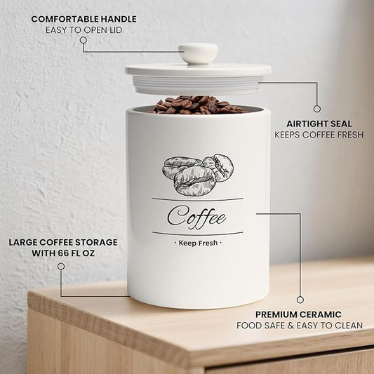 Airtight Coffee Canister - 66 fl oz / 2L Large White Ceramic Coffee Container Airtight - 5.5'' Round × 8.2'' Tall Coffee Bean Storage - Stylish Ceramic Coffee Jar With Lid for Grounds & Beans
