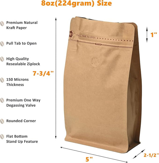 Resealable Side Zipper Coffee Bags with Degassing Valve, High Barrier Natural Kraft Coffee Pouches with Aluminum Foil Liner, Ziplock Food Storage Bags, Longer Shelf Life (100, 8oz/0.5lb)