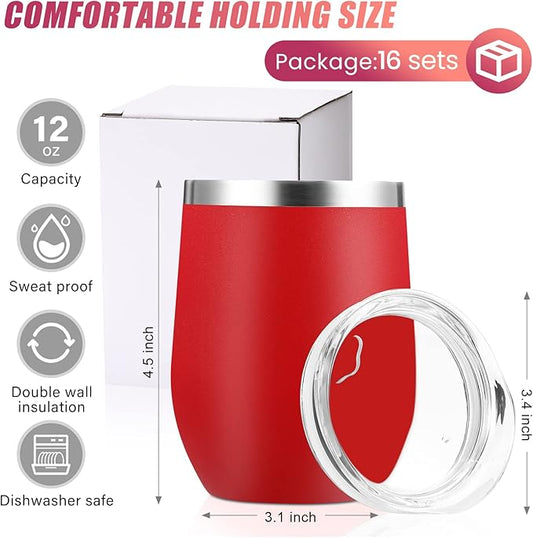 16 Pack Stainless Steel Wine Tumblers 12 oz Insulated Vacuum Wine Cup Set Double Wall Stainless Steel Stemless Mug Glasses for Coffee Soda Whiskey Outdoor Travel (Red)