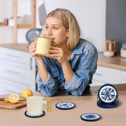Indigo Floral Non-Slip Silicone Coasters, 4-Pack Double-Sided Absorbent Cup Mats for Hot & Cold Drinks, Scratch & Water Ring Protection for Wood Tables, Home Office Bar Use (6PC)