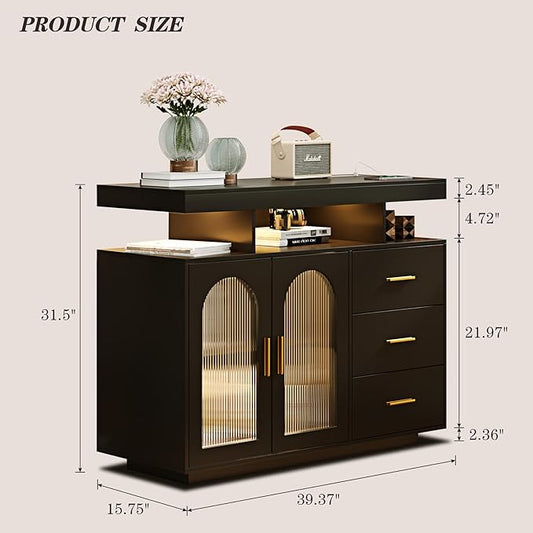 HWB RGB LED Coffee Bar Cabinet Kitchen Storage Cabinet & Sideboard Buffet Cabinets - Wood Coffee Bar Table with Shelf Capacity for Dinning Room/Living Room/Kitchen(Black)