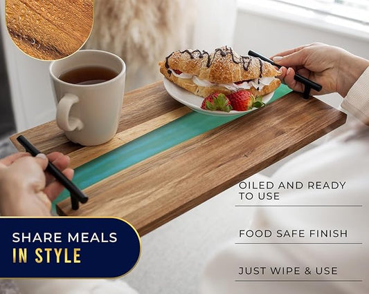 Comfify Visually Stunning Celeste Blue Resin + Acacia Wood Serving Board with Handles - 16x9 Serving Tray for Food, Breakfast in Bed, Coffee Table, Decor, Organization, Snacks, Patio, Lap Tray