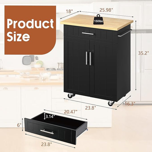 SUNLEI Kitchen Island Cart on Wheels with Storage Cabinet & Drawer, 26" Width Rolling Kitchen Table, Cart Handle for Towel Rack or Free Mobility, Kitchen Cart, Dining Room(Black)