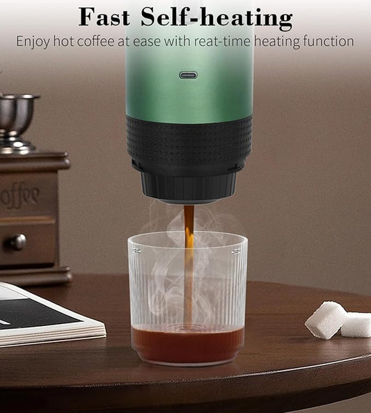 Coffee Maker Gift Set for Camping,Battery Powered Portable Electric Espresso Machine, Rechargeable Coffee Maker Self Heating Ground Coffee Capsule for RV, Hiking (Green mix Black)