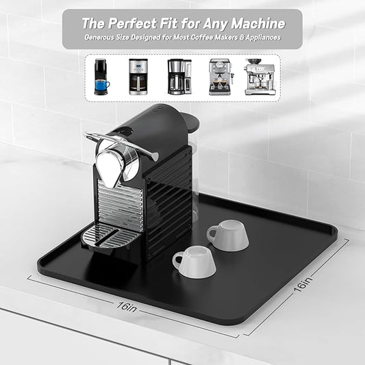 Garolue Silicone Coffee Mat 16"×16" – Waterproof Heat Resistant Espresso Machine Mat, Non-Slip Bar Mat for Kitchen Counter, Black