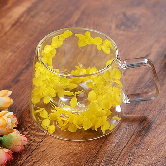 Generic Double Wall Insulated Glass Cup,Dried Flower Mug with Handle,Creative Transparent Coffee Cups,Gift for Women Mom Female (Yellow)