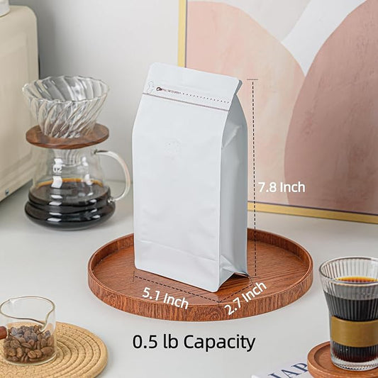 50 Pcs 0.5lb White Long Coffee Bean Bags with Valve, Easy Tear Open & Repeating Sealed Zipper, Heat-Seal Stand Up & Flat Bottom Coffee Bag, 8oz Capacity 5.1x7.8 Inch