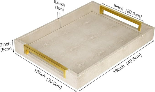 HofferRuffer Faux Leather Serving Tray with Gold Metal Handles, Stylish Decorative Tray Organizer for Coffee Table, Ottoman, Home Decor and Serving (LightGrey Shagreen, 16.2" x 12.2" x 2")
