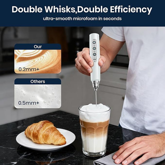Milk Frother with Stand Rechargeable-Handheld Coffee Frother with 3 Stainless Whisks 3 Speed Adjustable, Electric Whisk Drink Mixer, Foam Maker Blender for Matcha Latte Cappuccino Chocolate