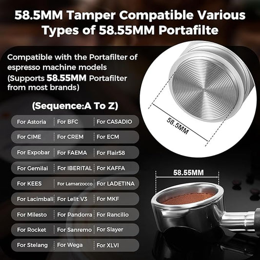 IKAPE Coffee Products, 58MM Espresso Tamper, Premium Barista Coffee Calibrated Tamper with Spring Loaded, 100% Stainless Steel Tamper Compatible with All 58MM Bottomless Portafilter (Silver)