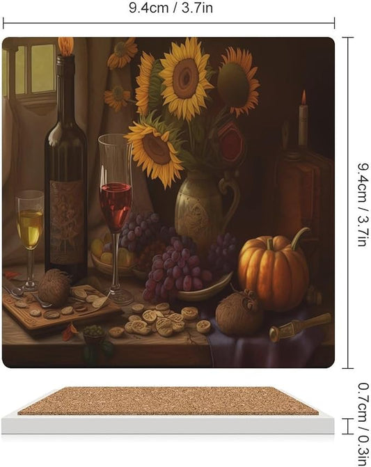 Red Wine Drink Coasters, Square Ceramic Drink Coaster Square-6PCS, Retro Red Wine Bottle and Grapes Fruit Sunflower Pattern Decor Absorbent Ceramic Coasters for Beverage Cup, Bar, Coffee Table