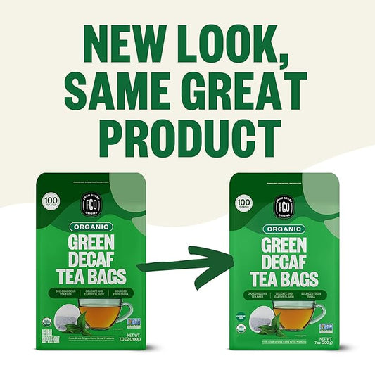 FGO Organic Green Decaf Tea, 100 Count, Eco-Conscious Tea Bags, Resealable Bag, Caffeine Free, Packaging May Vary (Pack of 1)
