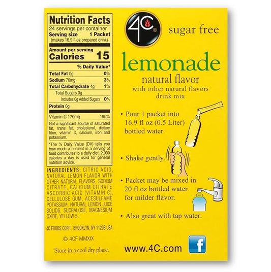4C Powder Drink Mix Packets, Lemonade 1 Pack, 24 Count, Singles Stix On the Go, Refreshing Sugar Free Water Flavorings