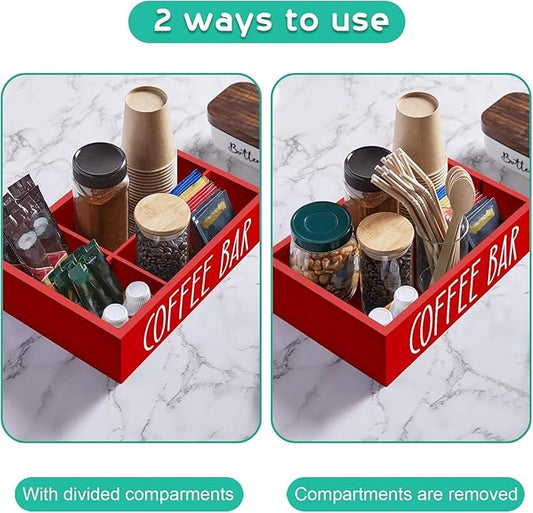 ALELION Red Coffee Station Organizer with Removable Dividers - Coffee Pod Holder Storage Basket for K Cup Sugar Tea - Red Coffee Bar Kitchen Decor Accessories Organizer for Countertop