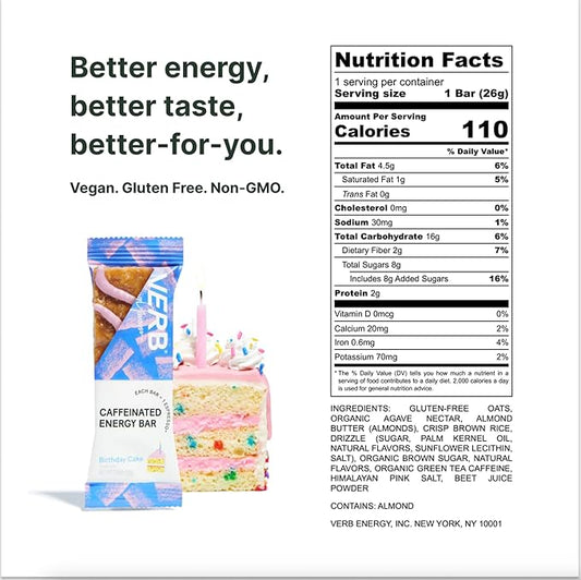 Verb Caffeinated Energy Bars Birthday Cake (26g, Pack of 16) 110-Calorie Delicious Low Sugar Energy Bar - Vegan Gluten Free On-the Go Snack with 80mg Green Tea Caffeine, Only Real-Food Ingredients