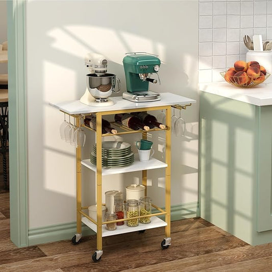 LAATOOREE Bar Cart, Home Bar Serving Cart, 4 Tier Mobile Drink Beverage Cart, Rolling Kitchen Shelf with Wine and Glass Holder, for Dinning Room, Living Room, Kitchen
