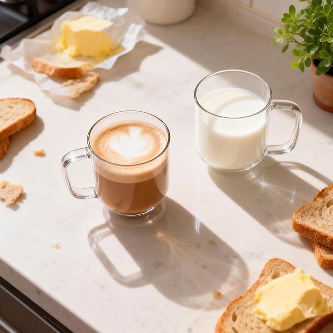 Glass Coffee Mugs, 8 oz iced coffee cups, Clear Tea Cups Set of 2, Glass Mugs with Handles, Glass Cups for Latte, Cappuccino, and Tea