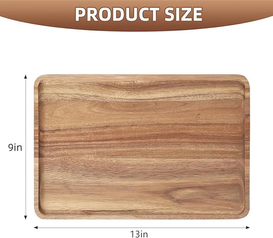 2 PCS Solid Acacia Wood Serving Trays 13 * 9 inch Rectangular Wooden Serving Platters Natural Wooden Boards for Bar Coffee Party(Wood Log Color)