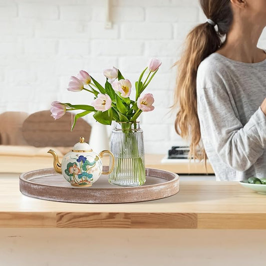 Rustic Round Wood Decorative Coffee Table Tray Farmhouse Decor with Wood Texture Boho Ottoman Serving Tray for Kitchen Counter Home (Grey White)