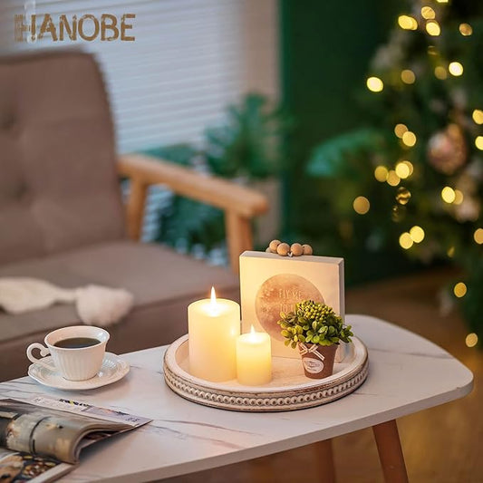 Hanobe Round Wooden Decorative Tray: White Washed Bead Tray Decor for Coffee Table Centerpiece Rustic Farmhouse Tray for Kitchen Counter Living Room Easter Decoration
