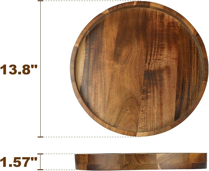 Acacia Wood Round Serving Tray, 13.8" Charcuterie Board with Rim, Decorative Centerpiece for Ottoman, Coffee Table, Couch, Kitchen Island, Round Serving Platter, 1 Pack