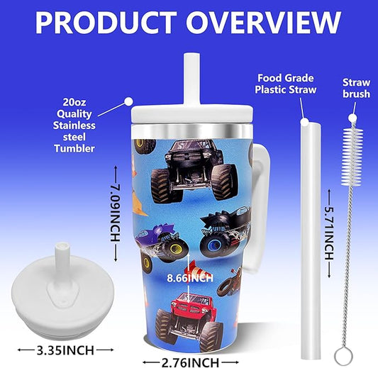 20-OZ Insulated Water Bottle,Insulated Stainless Steel Tumbler,Reusable Cold Drink Thermos,BPA-Free, Double-Wall Stainless Steel Water Bottle (Light blue-Monster truck, 20, Fluid Ounces)